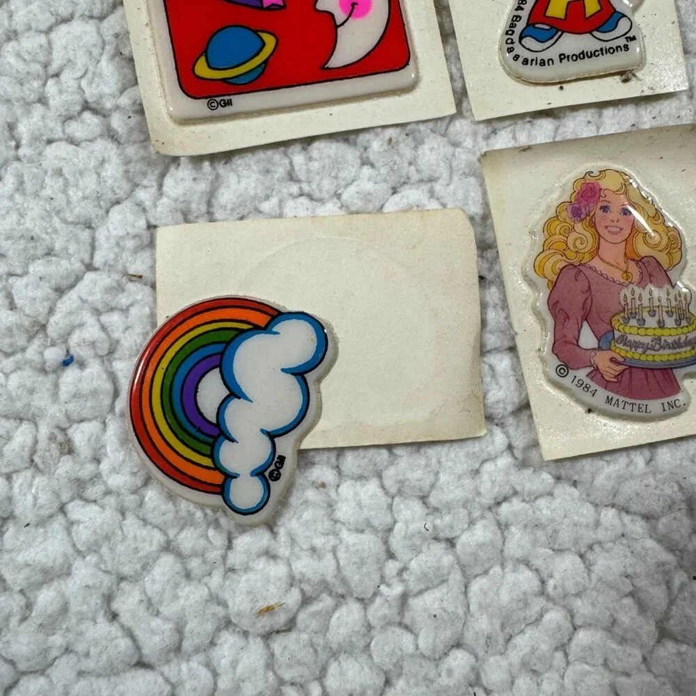 Vtg 35 Puffy Stickers 1984 He Man Skeletor Spiderman Barbie Chipmunks Jello Pops